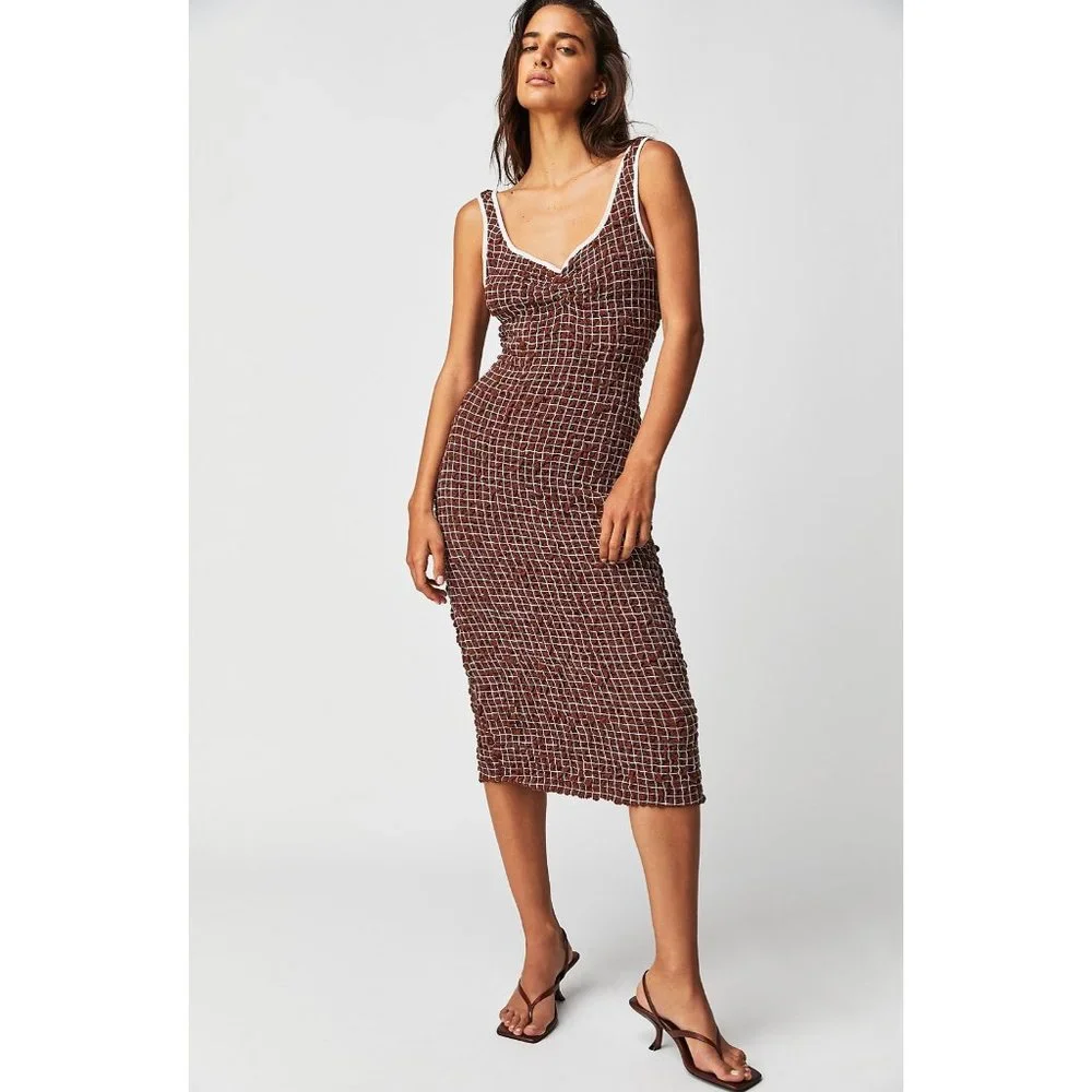 Free People Set The Bar Smocked Midi in Brown Size Medium Y2k 90s_2